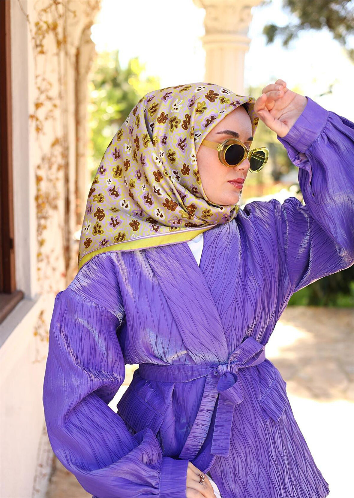 Silk Home Yeşil Lila Çıtır Çiçek Desenli Tivil İpek Eşarp-11428-06