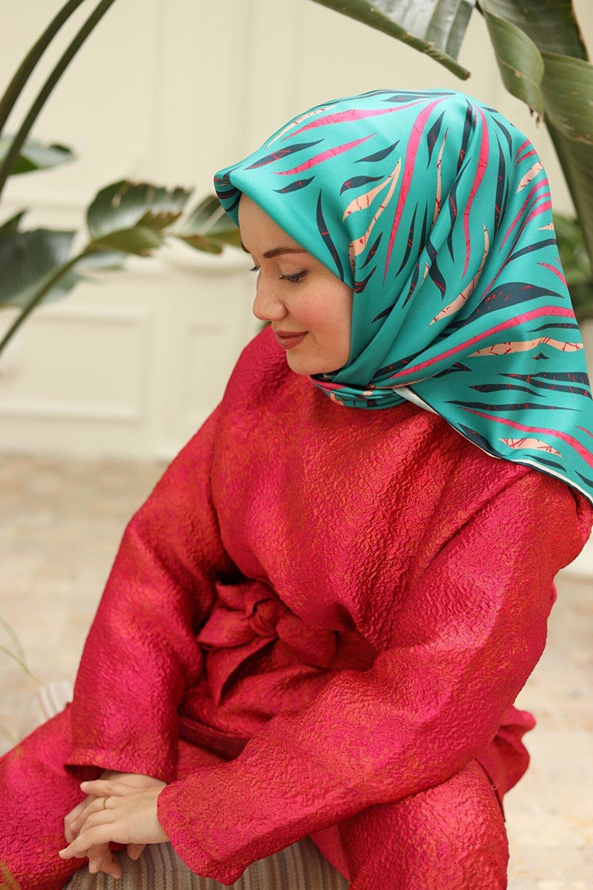 Silk Home Yeşil Pembe Desenli Tivil İpek Eşarp 11432-36
