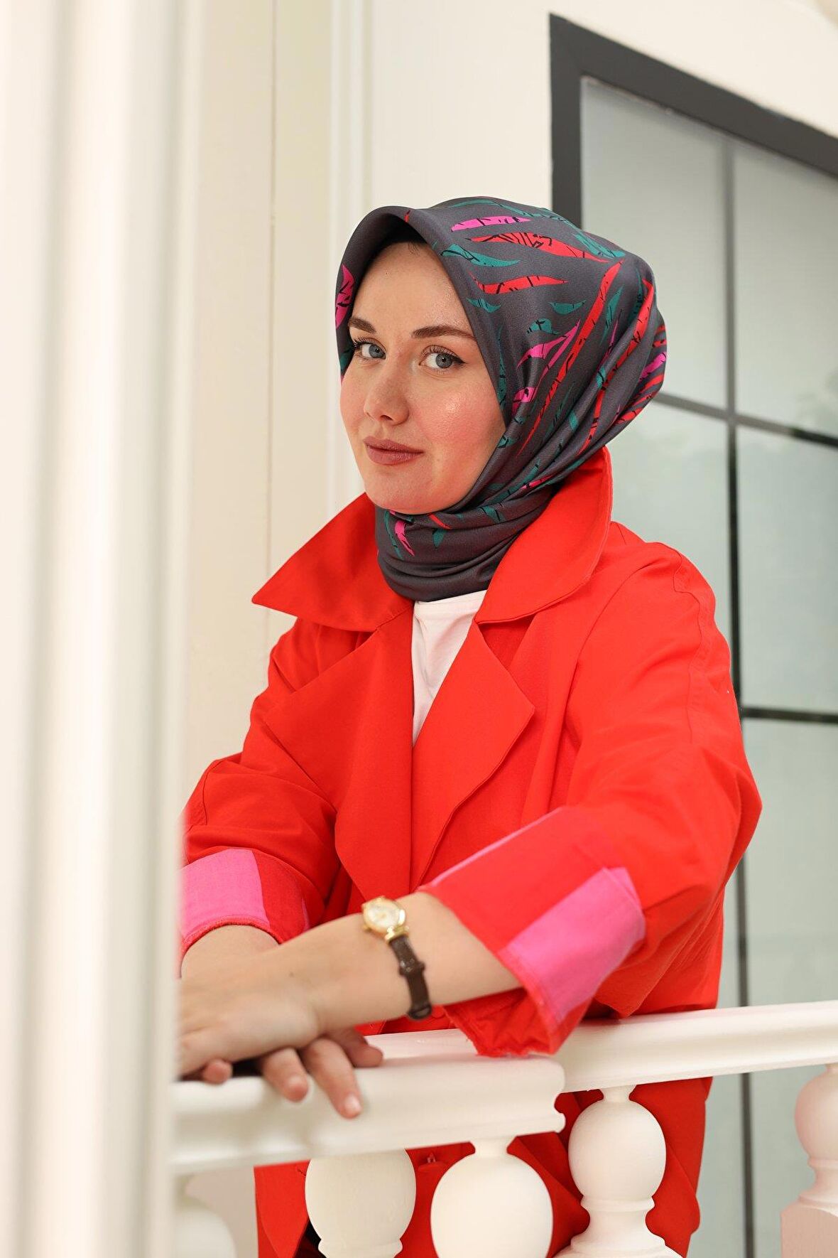 Silk Home Kırmızı Pembe Desenli Tivil İpek Eşarp 11432-78