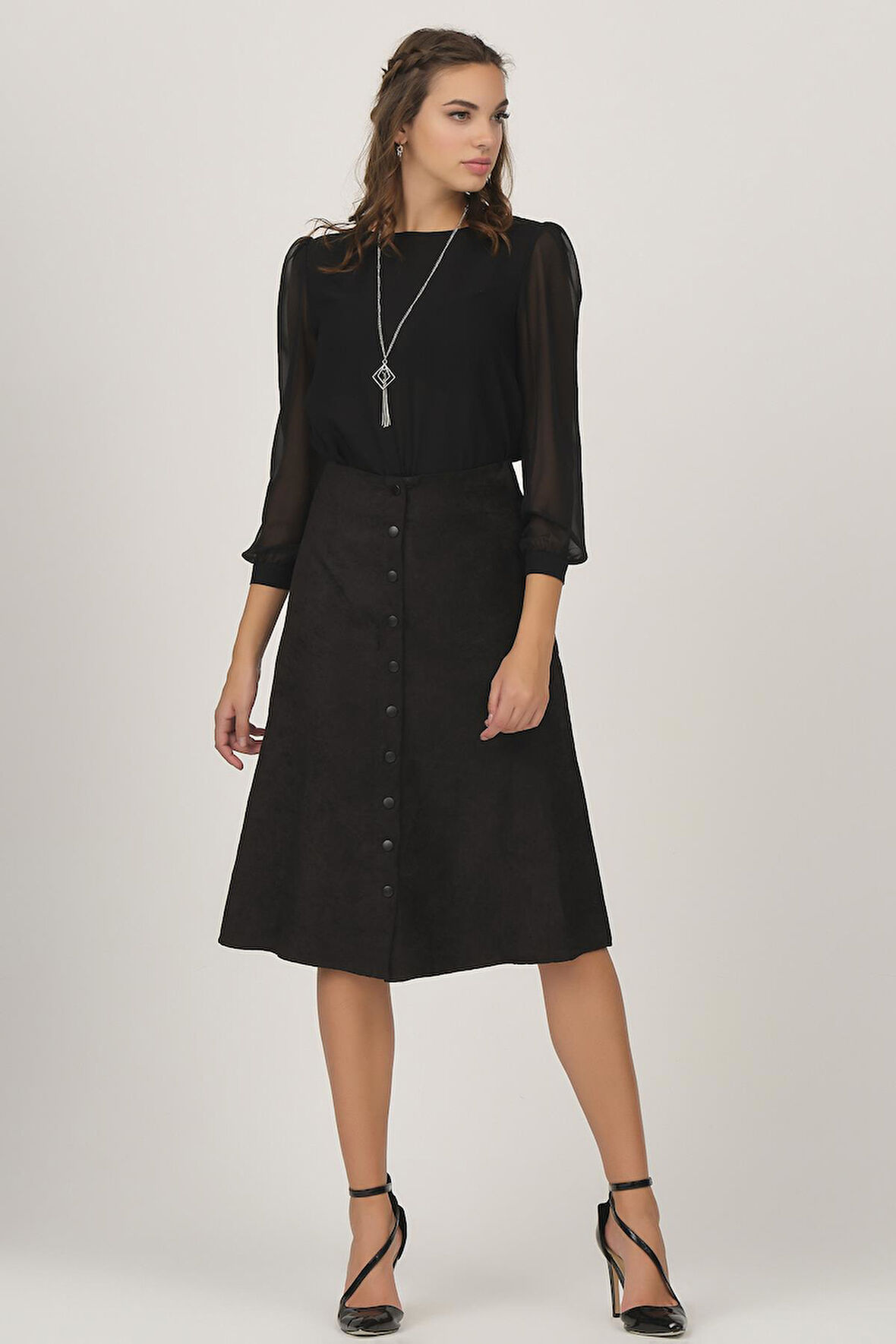 Önü Çıtçıtlı Suni Süet Etek 