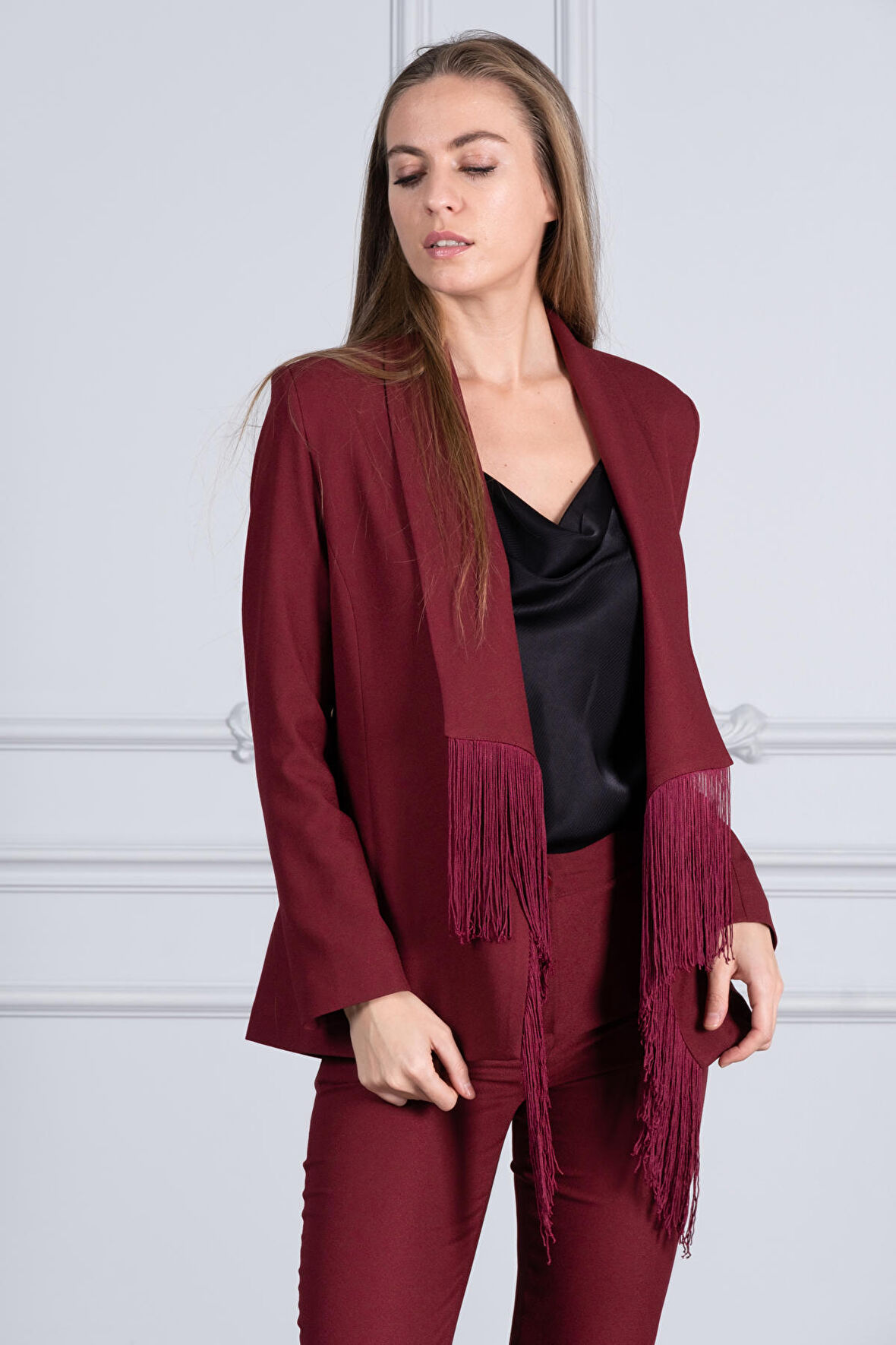 püskül detaylı  krep kumaş ceket 