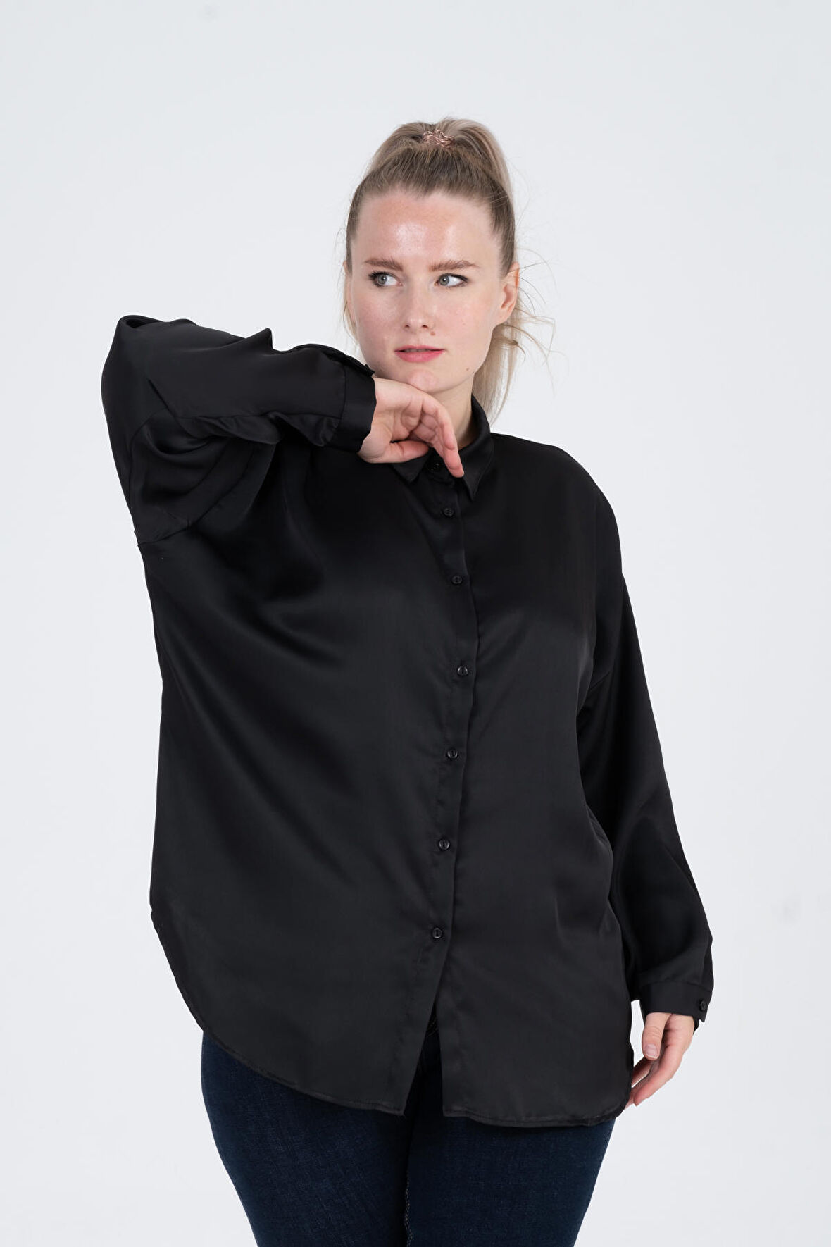 Büyük Beden Düşük Omuzlu Saten Oversize Gömlek 