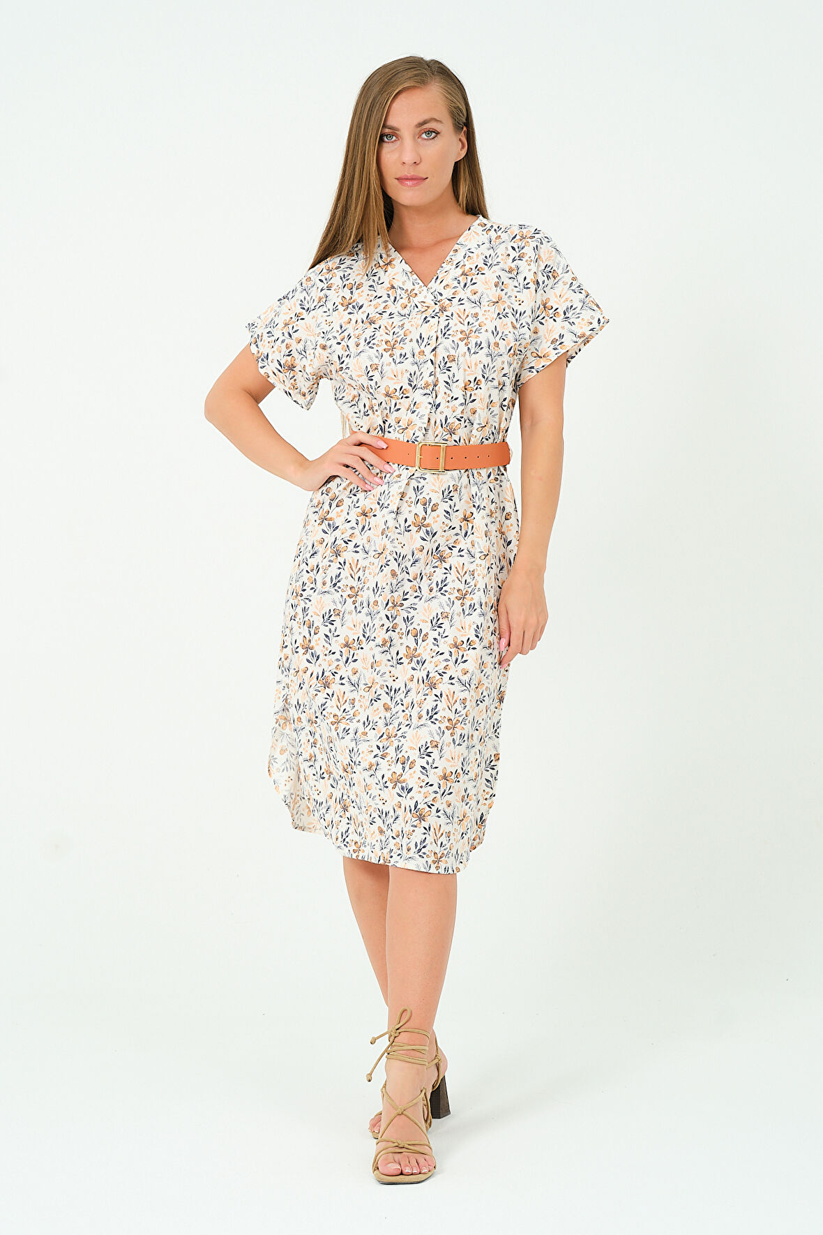 Desenli Kemerli Oversize Elbise