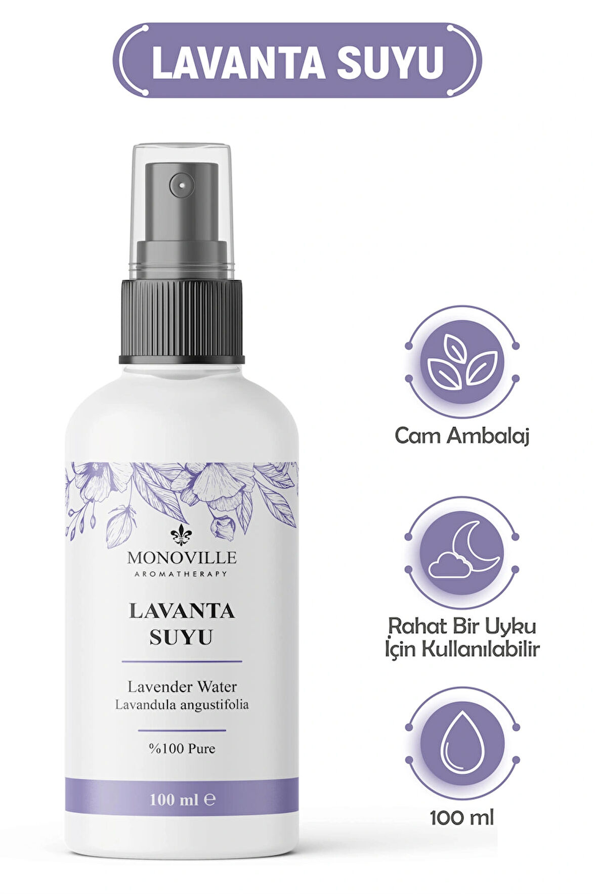 Lavanta Suyu 100 ml Cam Şişe %100 Saf ve Doğal Sprey Başlıklı (Lavender Water)