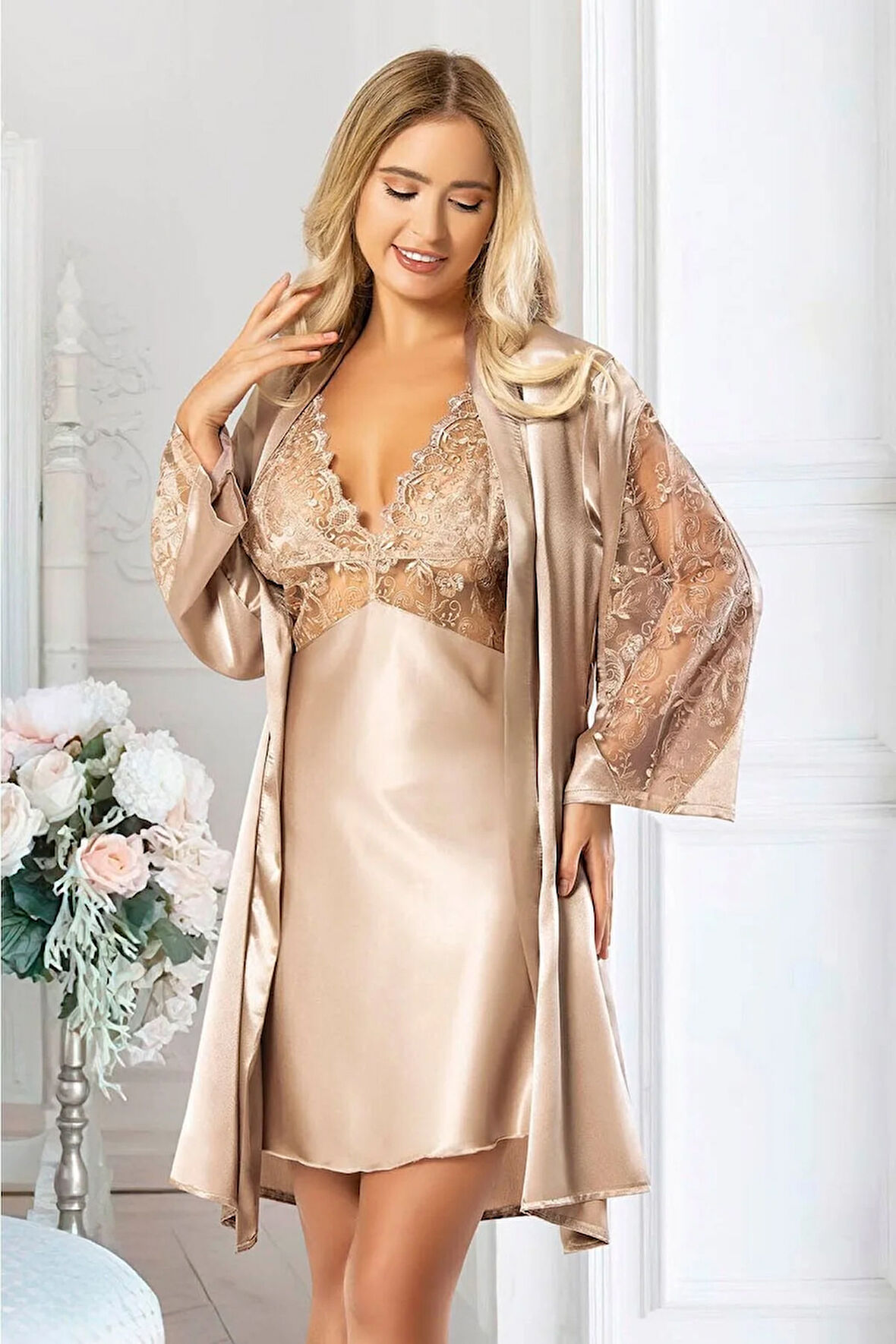 Saten Dantel Detaylı Gecelik Sabahlık Ikili Takım 2038 Vizon
