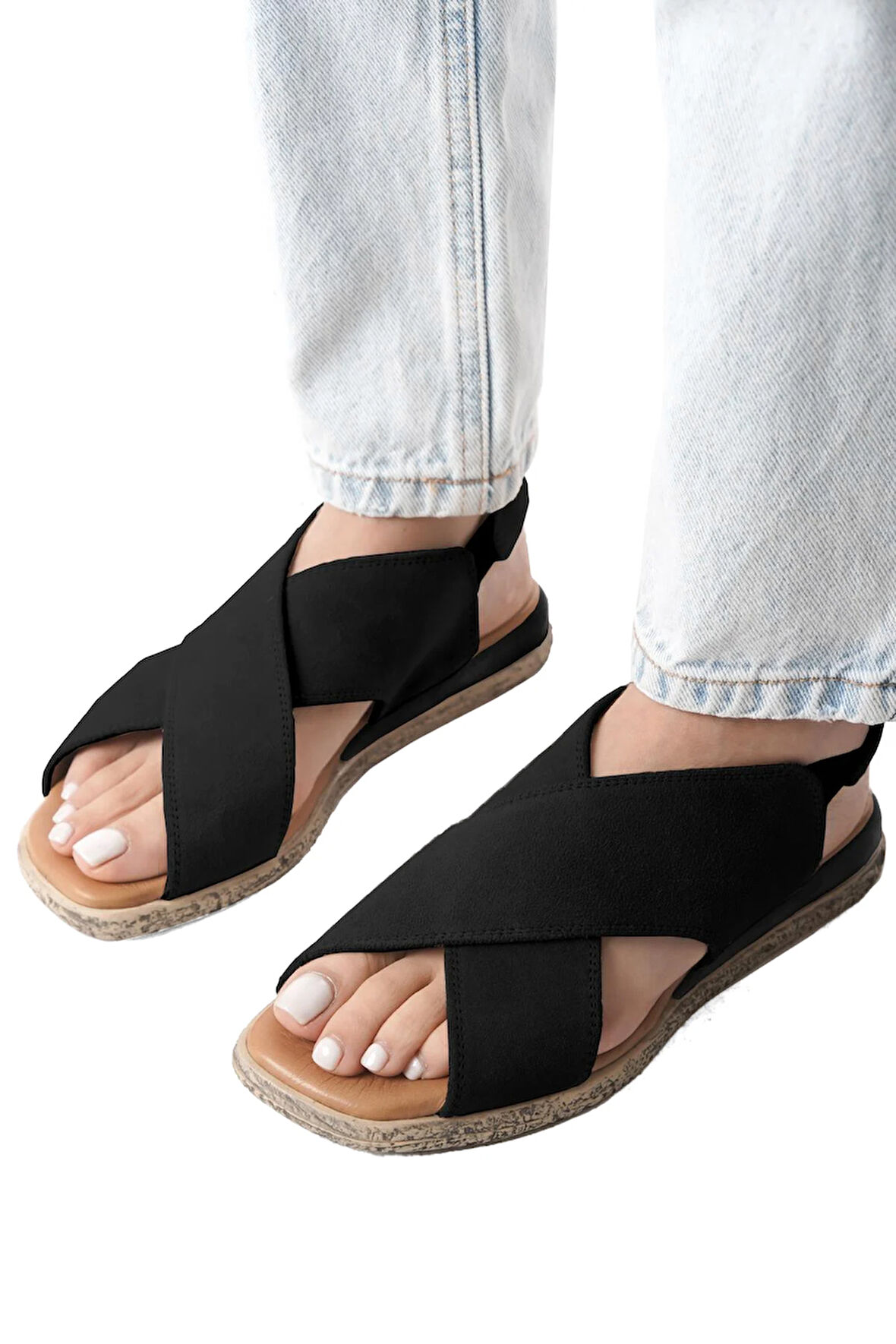 Elit Tera Kadın Hakiki Süet Deri Düz Sandalet Siyah