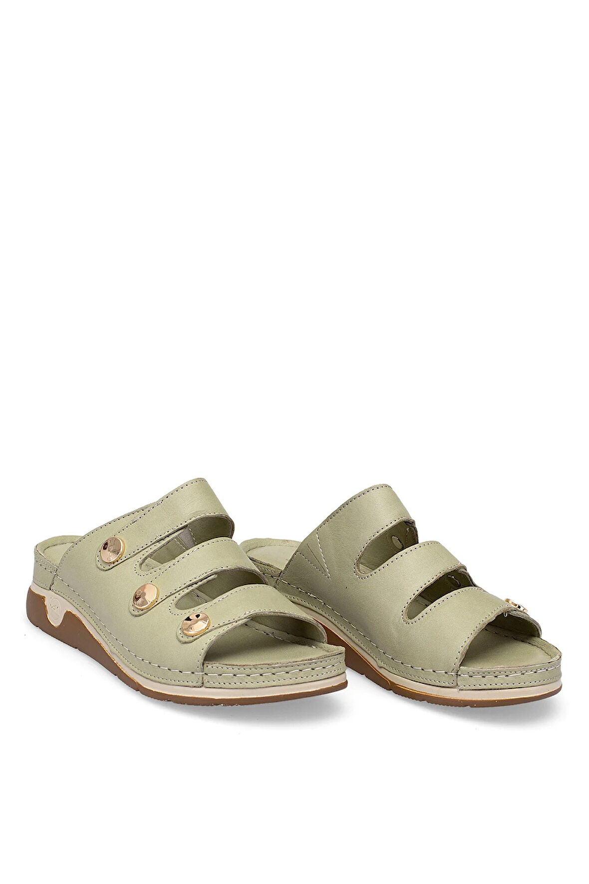 Elit RhmM-15 Kadın Hakiki Deri Ortopedik Düz Terlik Yeşil