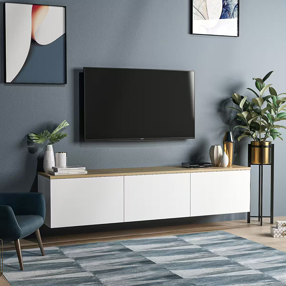 Neon Duvara Monte 3 Kapaklı TV Sehpası – 160 cm – Minimal Tasarım, Beyaz/Safir Meşe