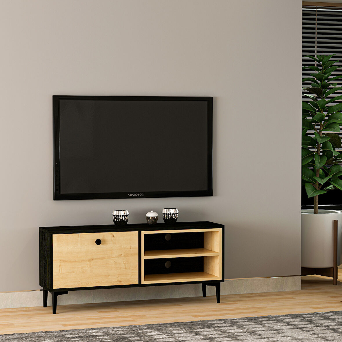 T004 Minimal Tv Sehpası Ahşap Siyah/Safir Meşe
