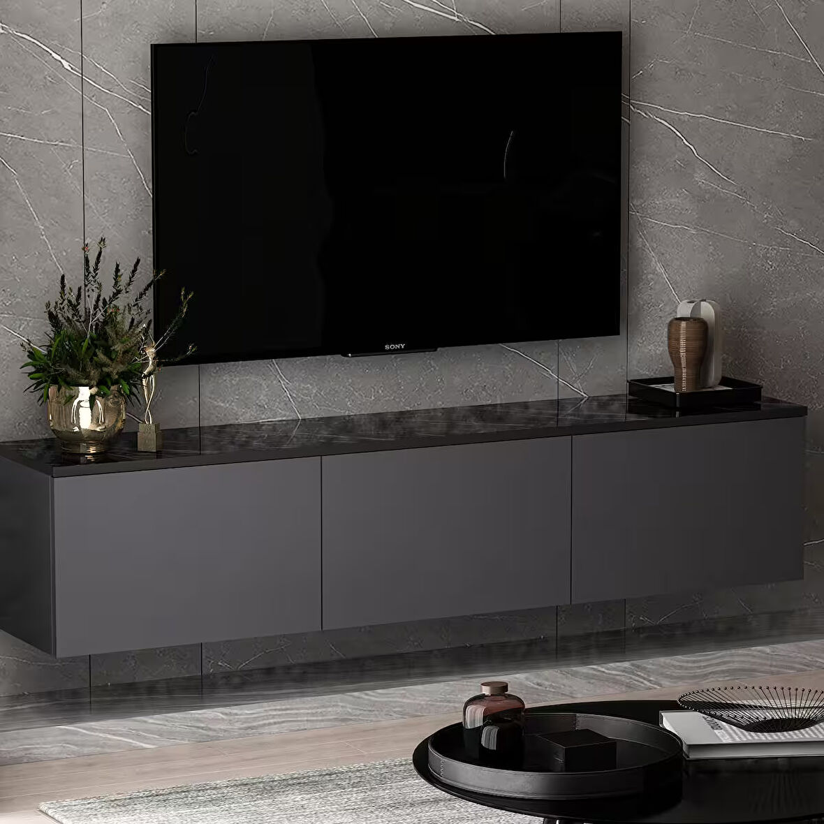 Neon Duvara Monte 3 Kapaklı TV Sehpası – 160 cm – Minimal Tasarım, Antrasit/Mermer Desen