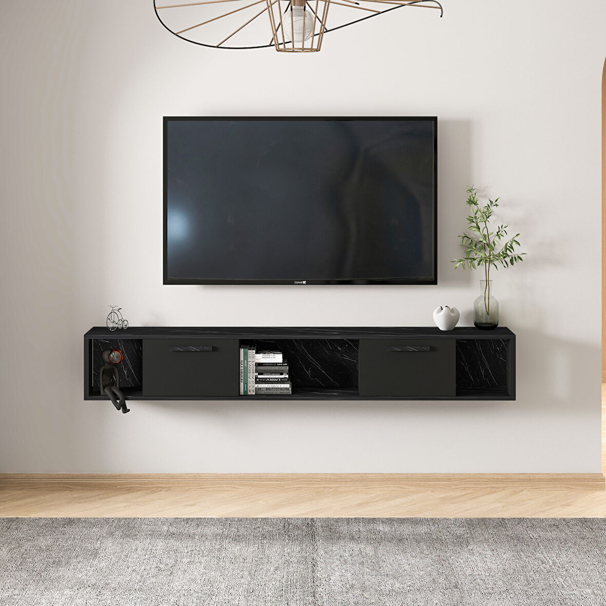 T006 Viero Mermer Desenli Duvara Monte TV Ünitesi – 160 cm, Kapaklı Raflı