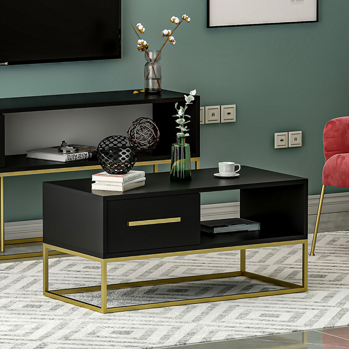 Mira Kapaklı Orta Sehpa, Gold Ayak, Modern Tasarım - 90 cm, Ev-Ofis