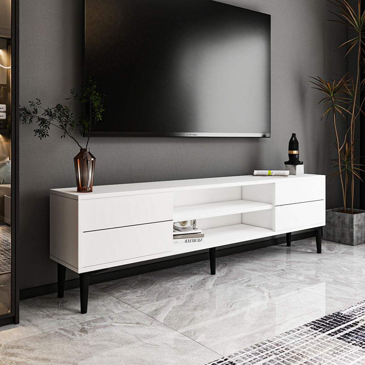 Aragon Modern TV Sehpası – 140 cm, 2 Kapaklı + 2 Açık Raflı, Siyah & Beyaz Renk Seçenekli Tv Ünitesi