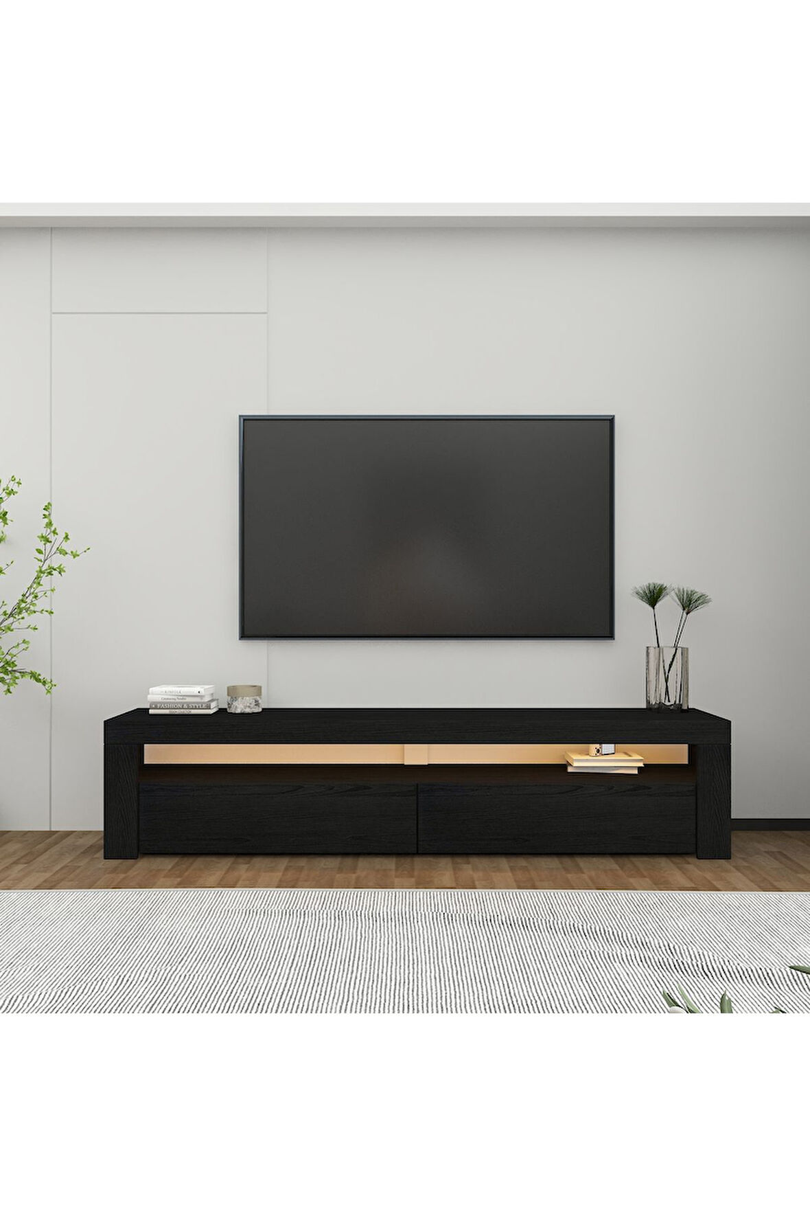 Batı Led Işıklı, 2 Kapaklı Tv Ünitesi, Tv Sehpası Ahşap Siyah