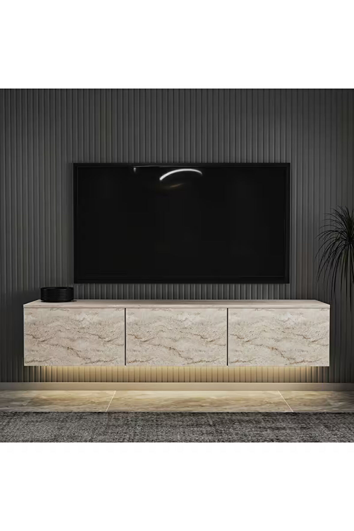 Neon Duvara Monte 3 Kapaklı TV Sehpası – 160 cm – Minimal Tasarım, Traverten Desen