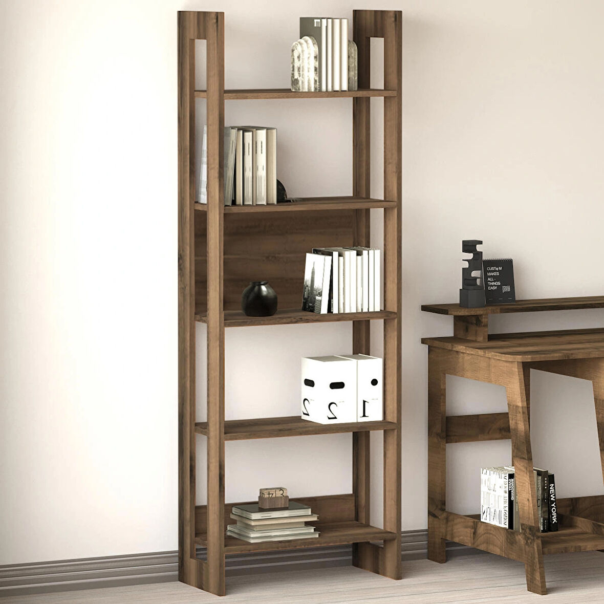 Country Dekoratif 5 Raflı Ev-ofis Kitaplık, Modern Kütüphane Antik Ceviz