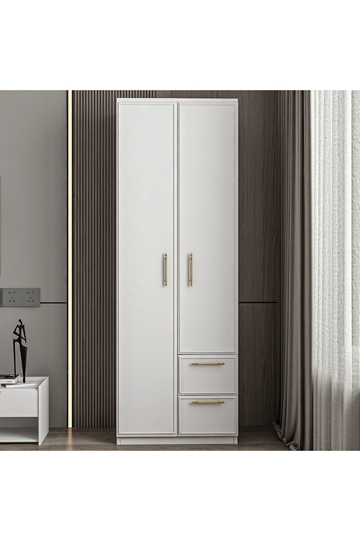 Vespera Çıta detaylı, 2 Kapaklı, Çekmeceli Gardırop Beyaz, 60 cm