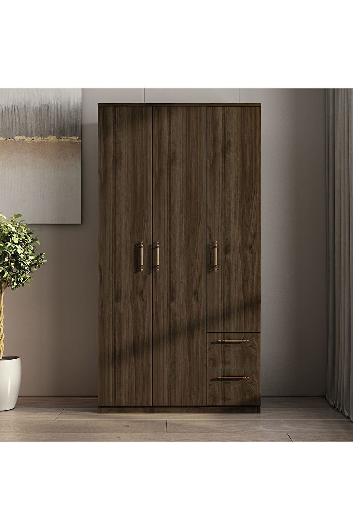 Merlin 3 Kapaklı, Çekmeceli, Raflı Gardırop, Yatak Odası Dolap, Elbise Dolabı İstanbul Ceviz