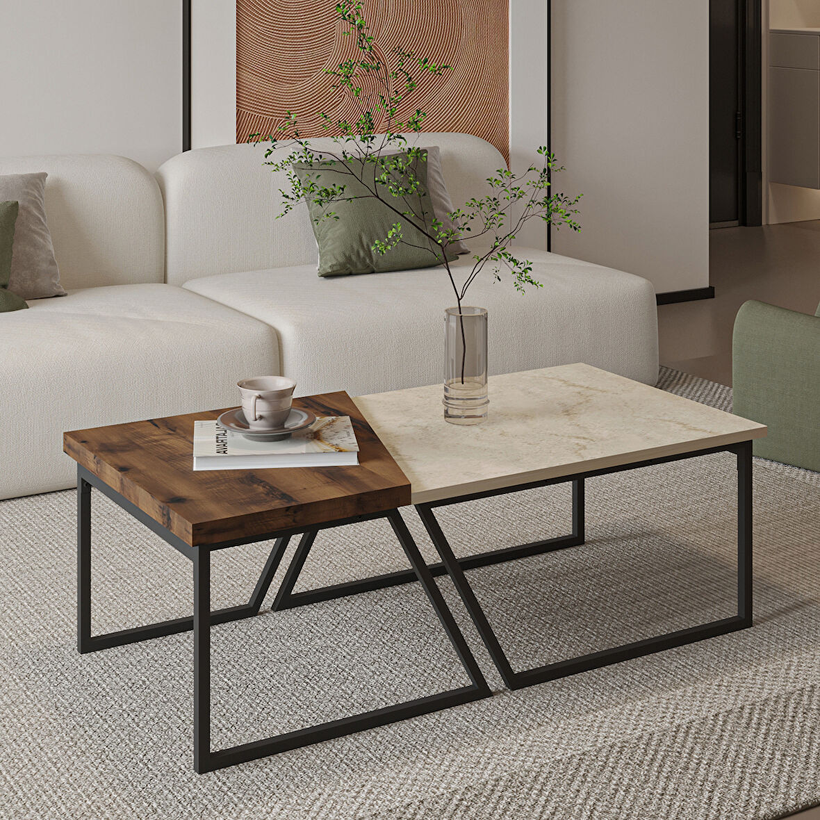 Verona İkili Orta Sehpa – Modern Tasarım Metal Ayaklı Sehpa Seti