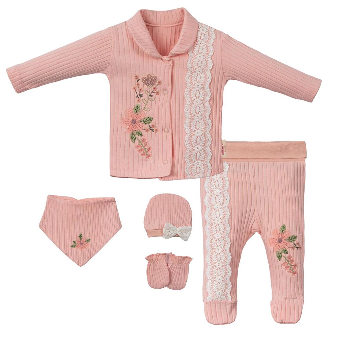 Çiçek Nakışlı Önden Çıtçıtlı Kız Bebek Beşli Set