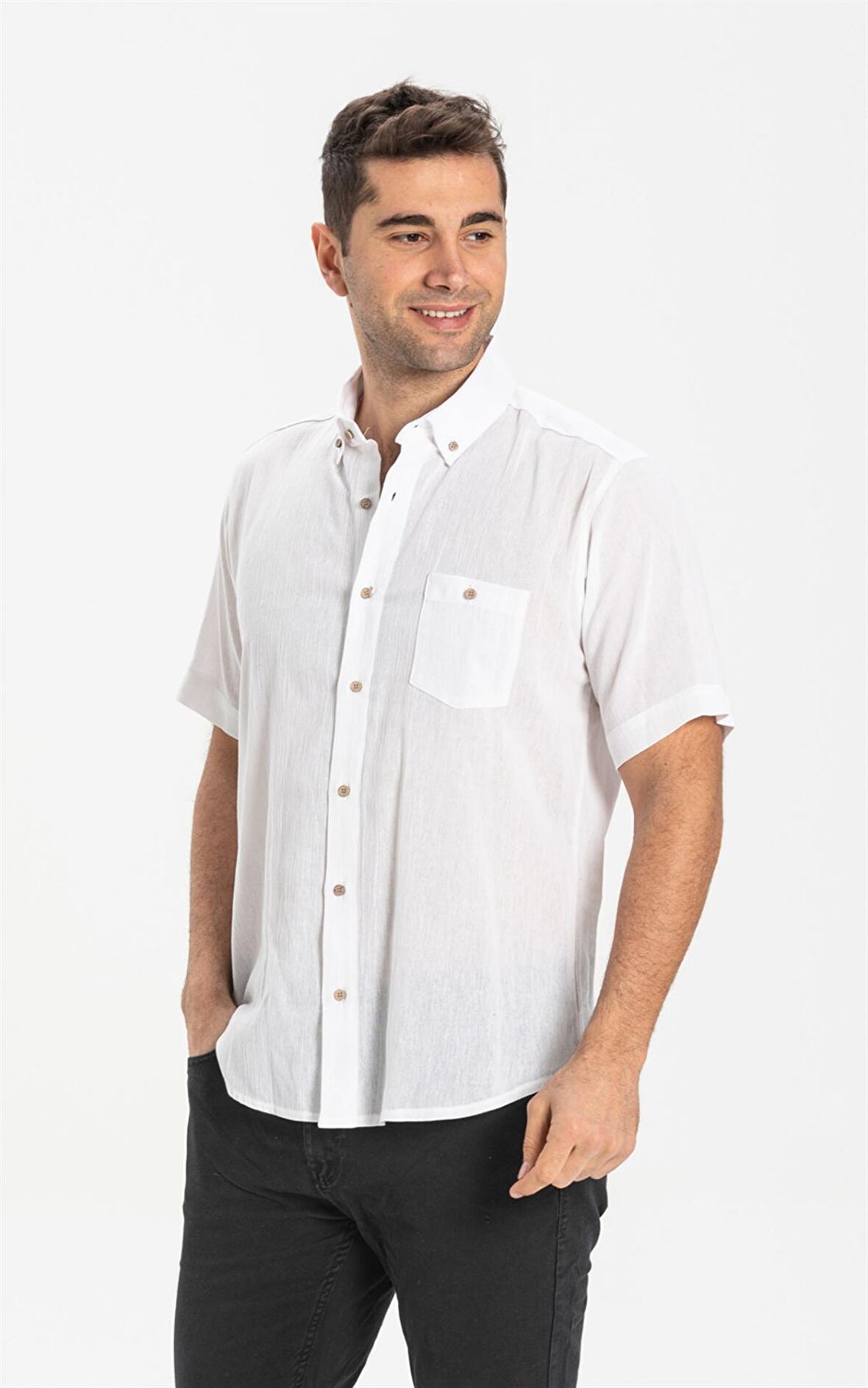 Kısa Kol Dar Kalıp Şile Bezi Erkek Gömlek Beyaz 30