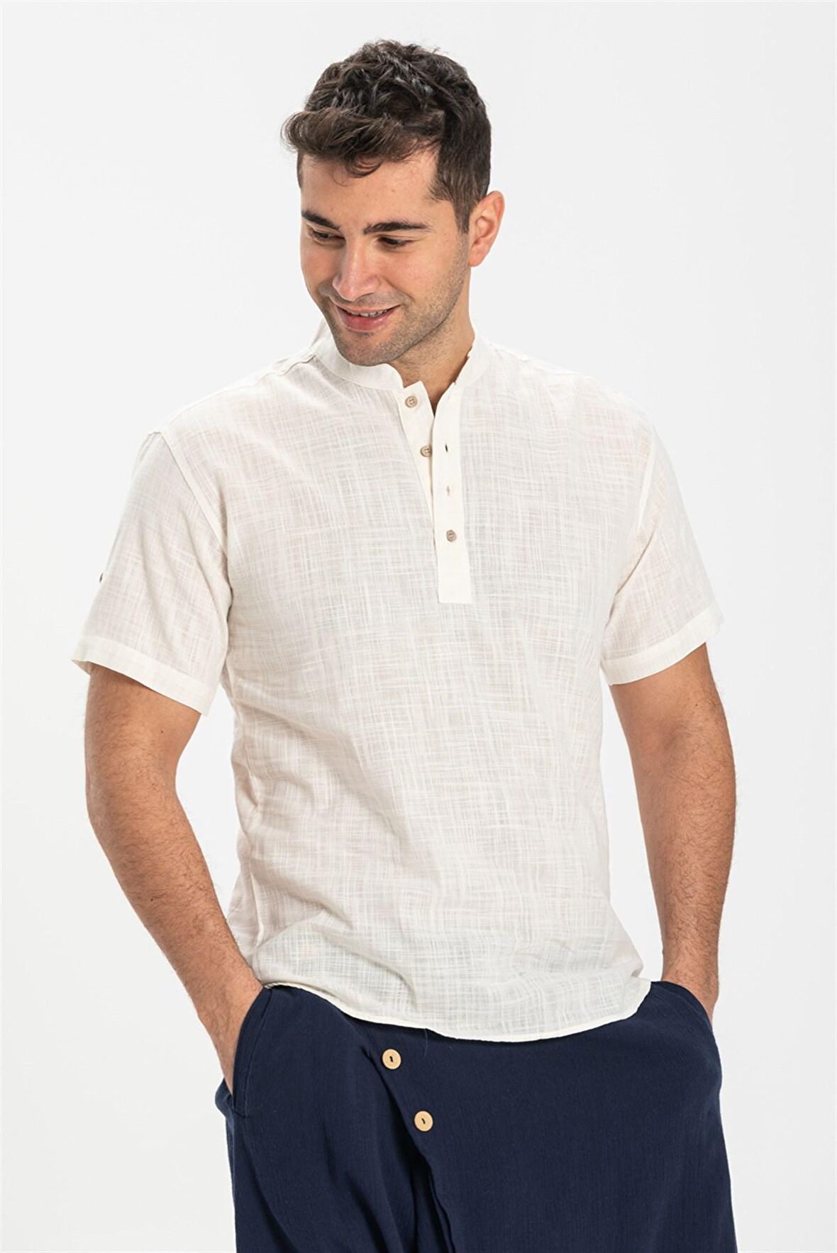 Kısa Kol Şile Bezi Bodrum Erkek T-Shirt Krem
