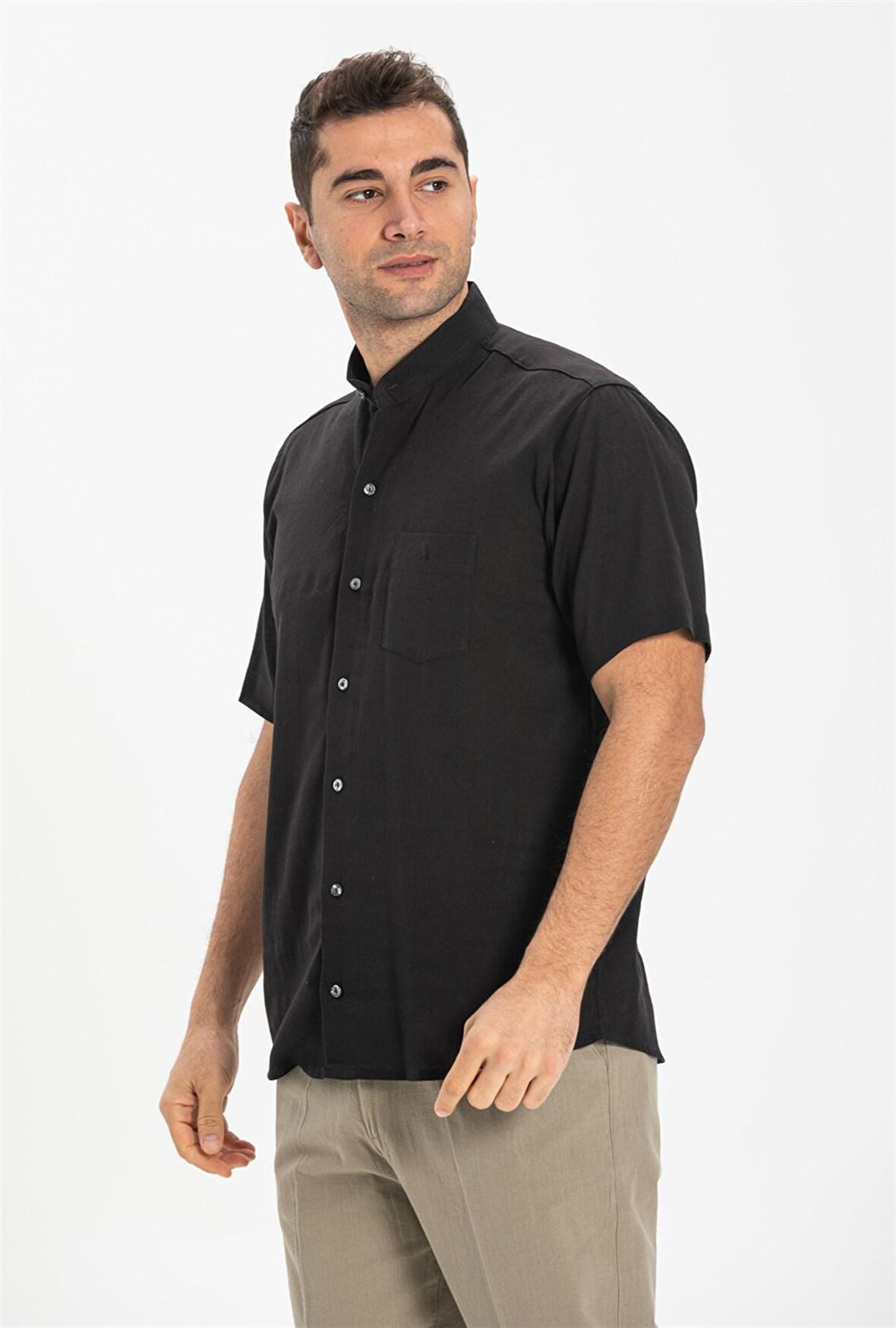 Kısa Kol Şile Bezi Hakim Yaka Erkek Gömlek Siyah 3