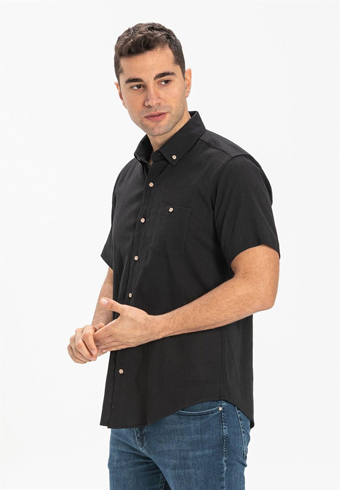 Kısa Kol Dar Kalıp Şile Bezi Erkek Gömlek Siyah 30