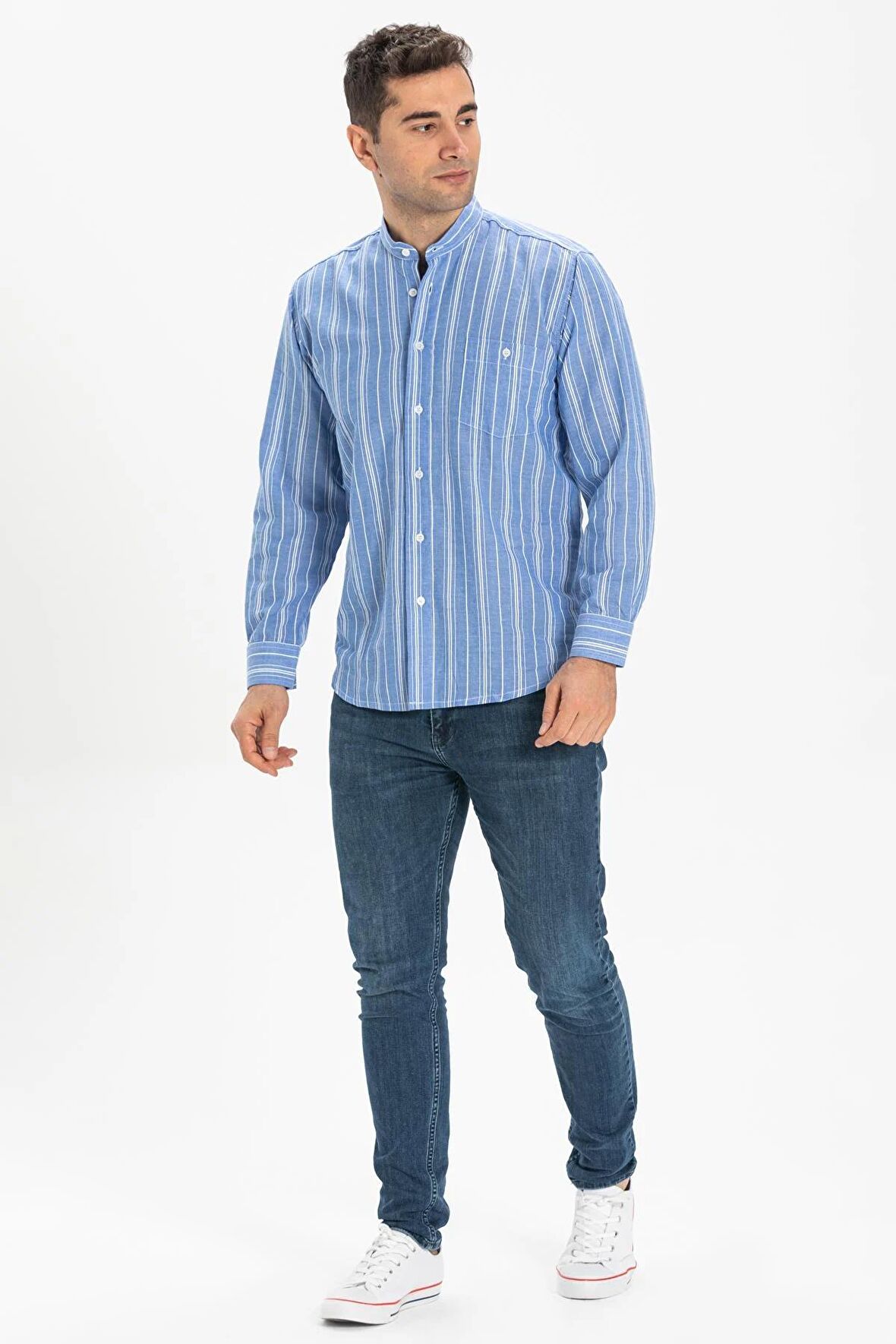 Uzun Kol Şile Bezi Hakim Yaka Tek Cepli Erkek Yazlık Gömlek Mavi Beyaz Çizgili 3019