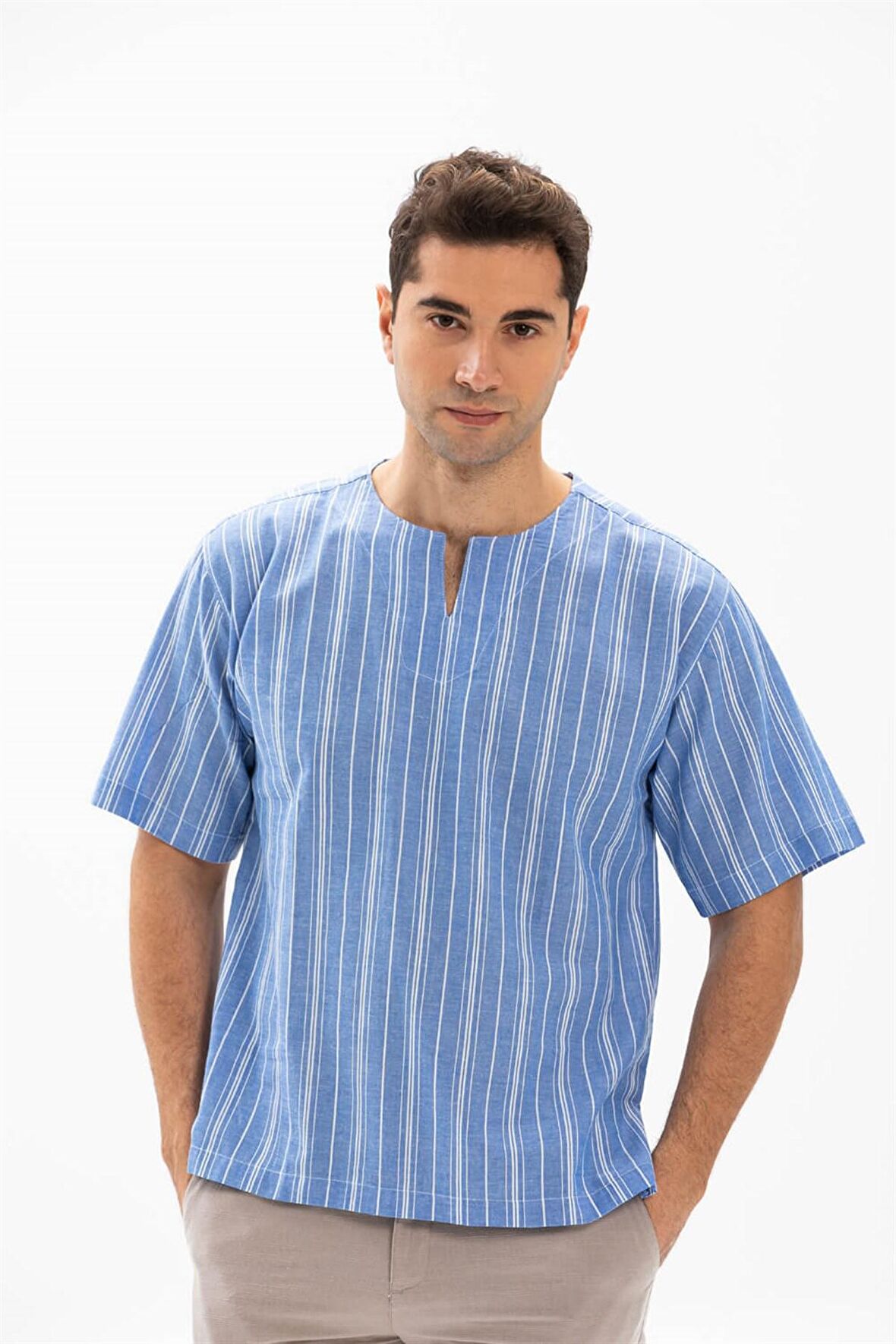 Kısa Kol Şile Bezi Bisiklet Yaka Erkek Tshirt Mavi