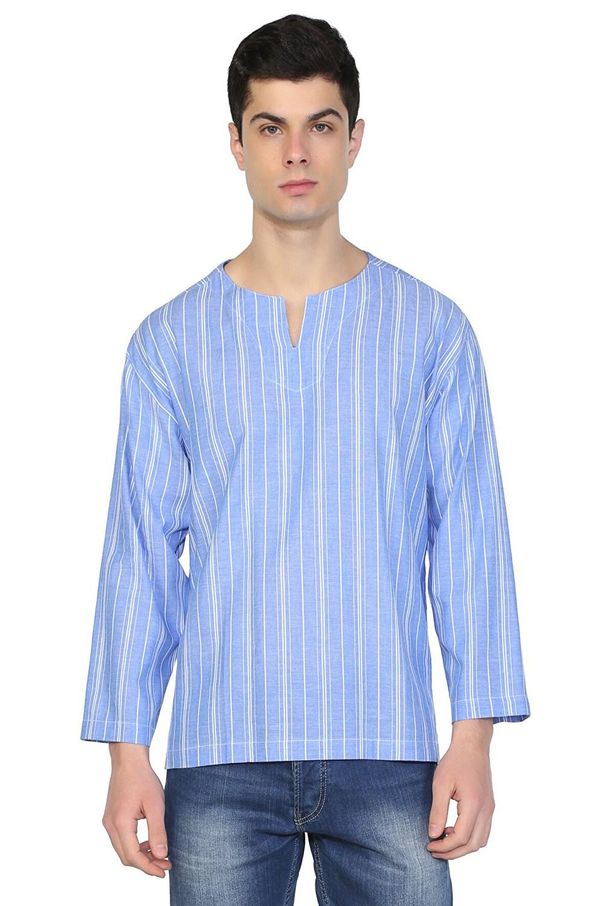 Uzun Kol Şile Bezi Bisiklet Yaka Erkek Tshirt Mavi