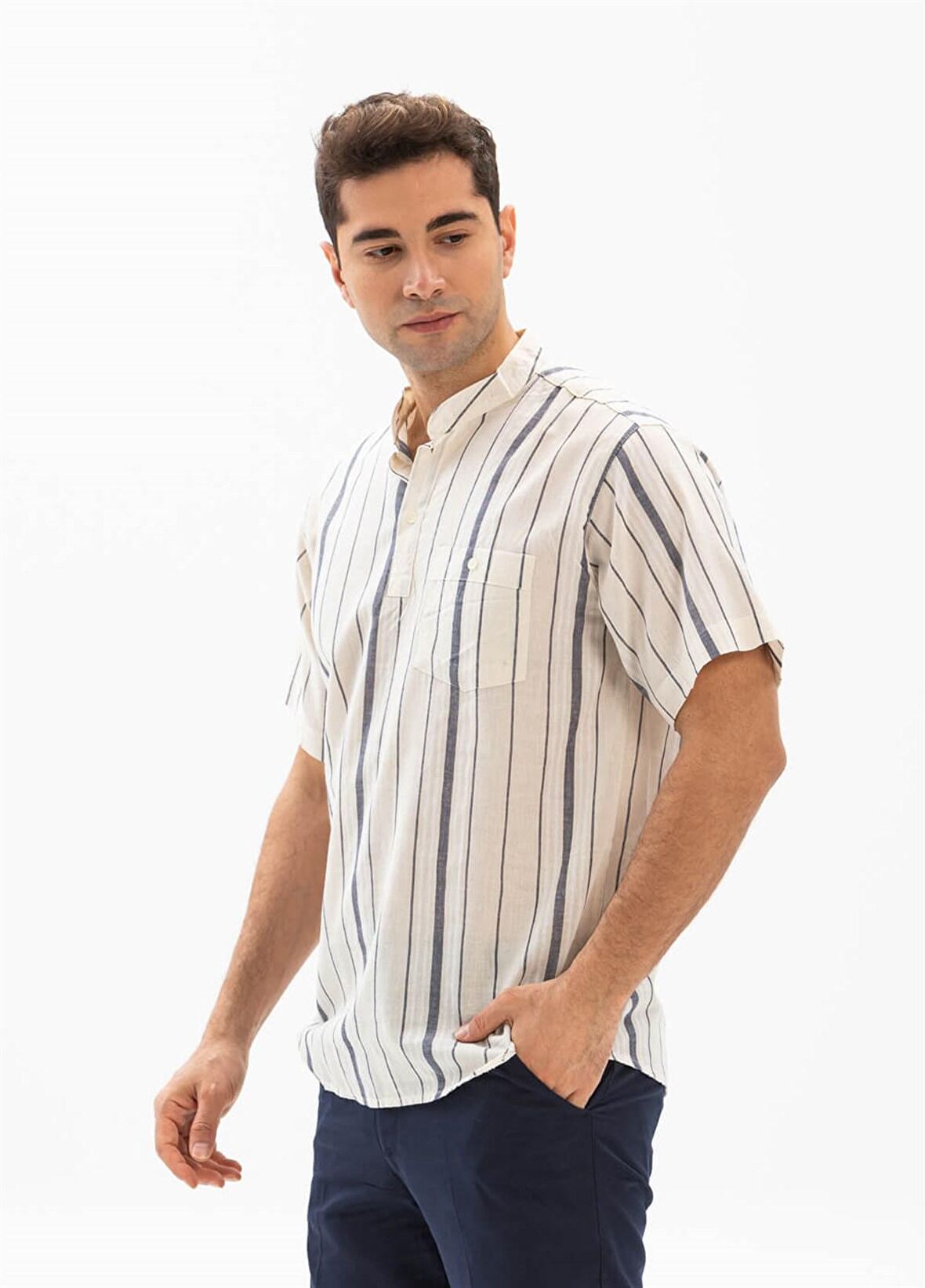 Kısa Kol Şile Bezi Hakim Yaka Erkek Tshirt Ekru Gr