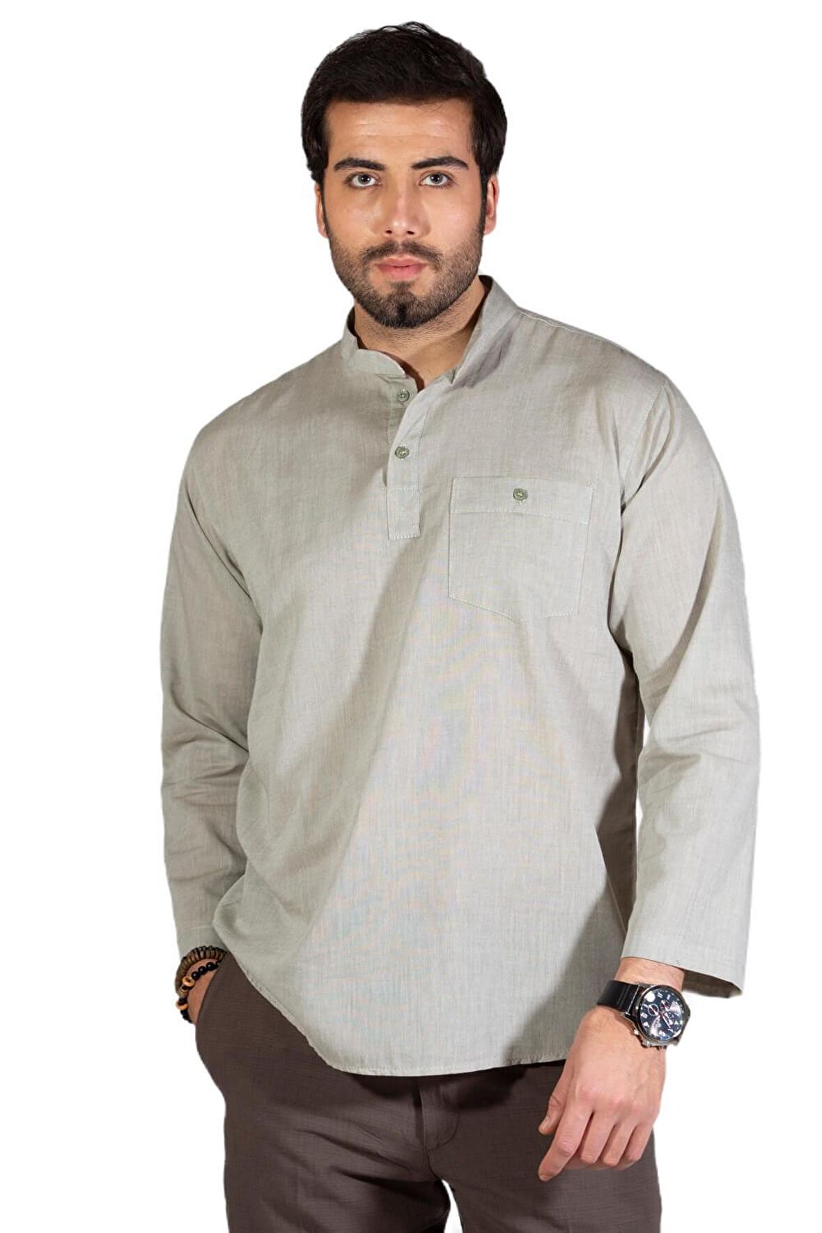 Uzun Kol Şile Bezi Hakim Yaka Erkek Tshirt Taş