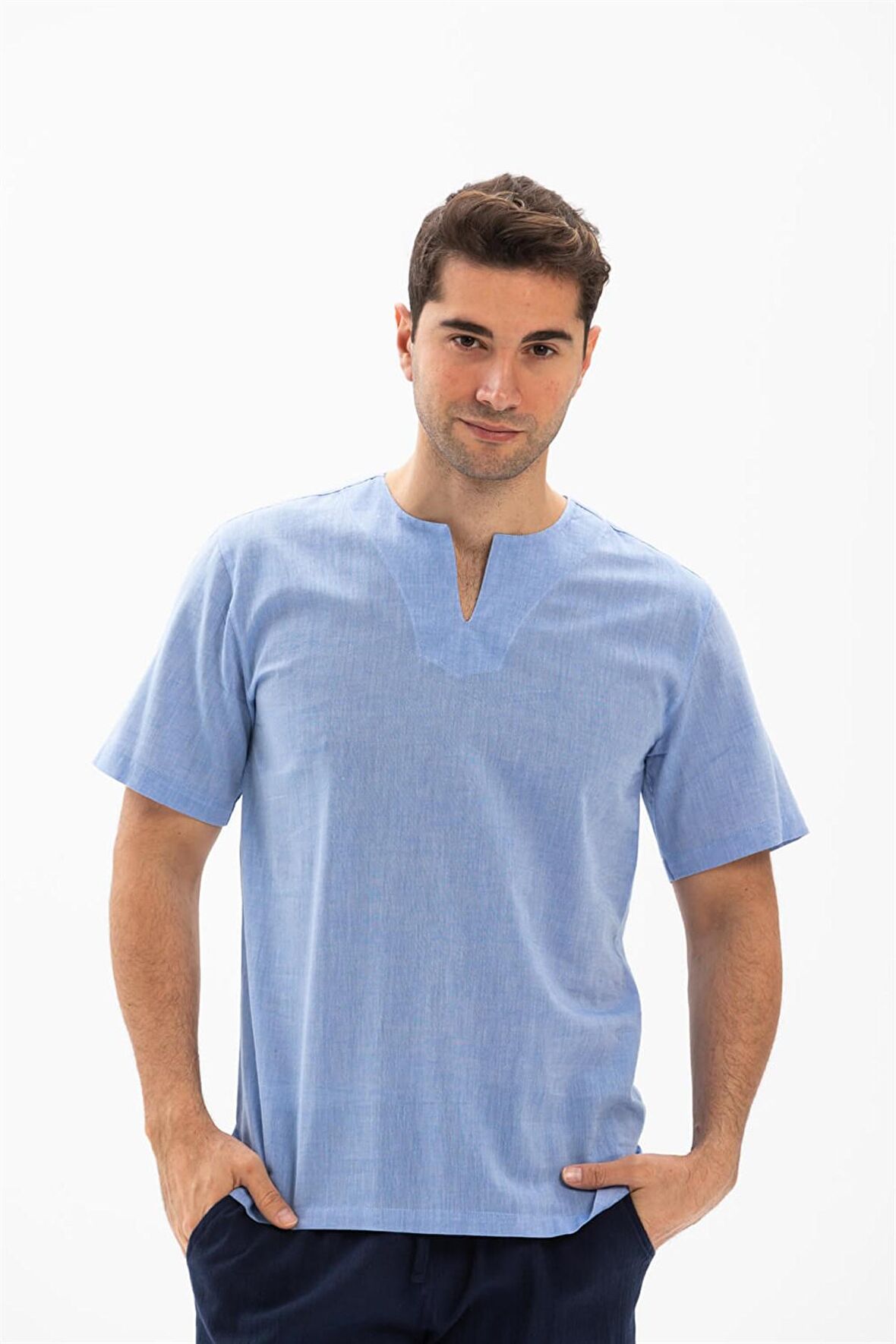 Kısa Kol Şile Bezi Bisiklet Yaka Erkek T-Shirt Mav