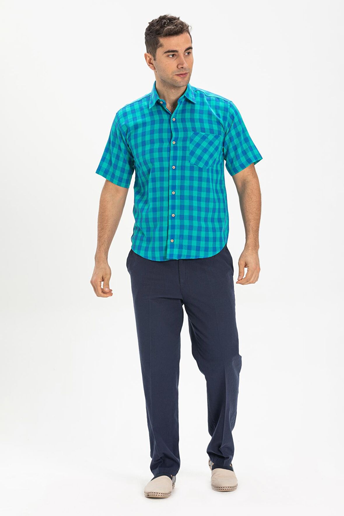 Kısa Kol Şile Bezi Tek Cepli Erkek Gömlek Mint Kareli 3033