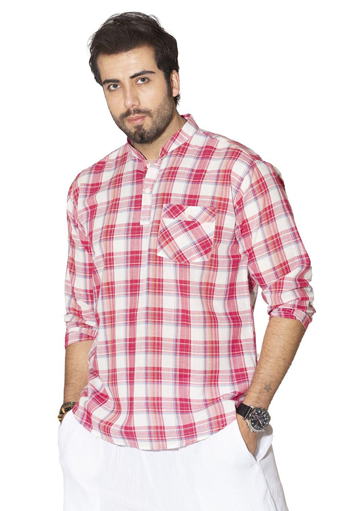 Uzun Kol Şile Bezi Hakim Yaka Erkek Tshirt Kırmızı