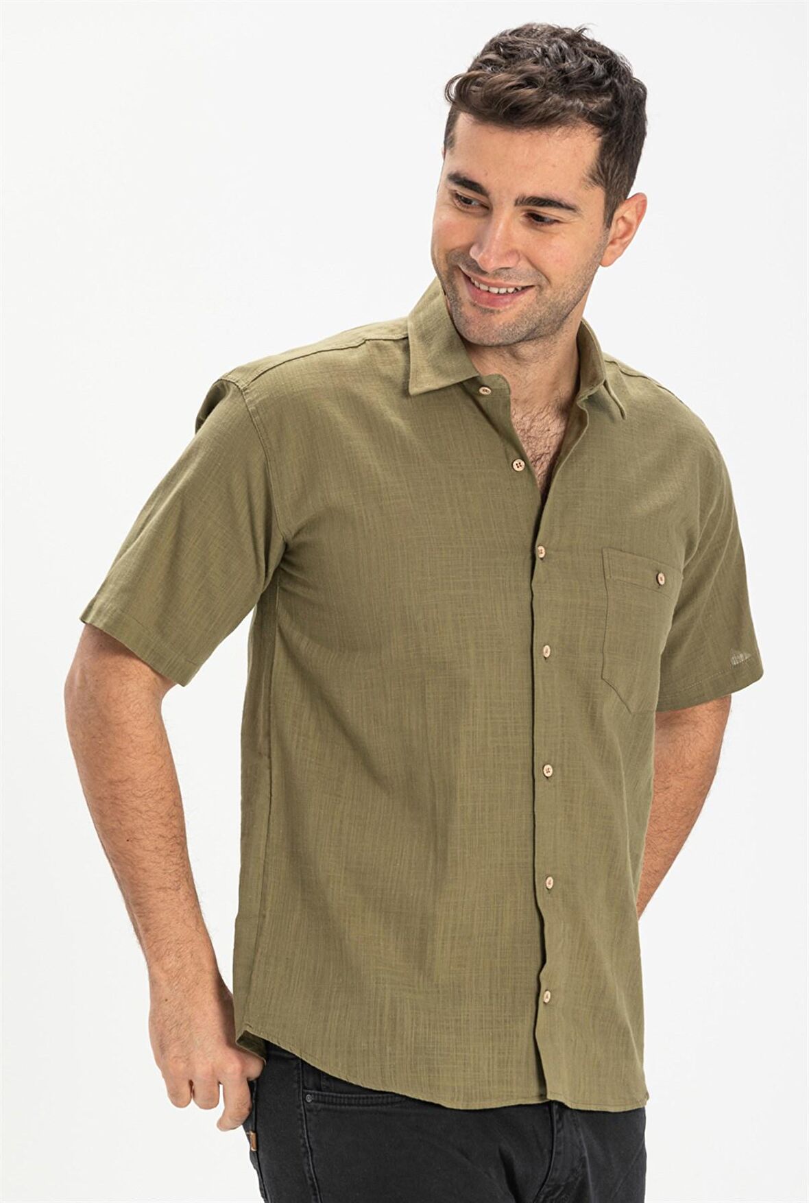 Kısa Kol Şile Bezi Erkek Gömlek Haki 3049
