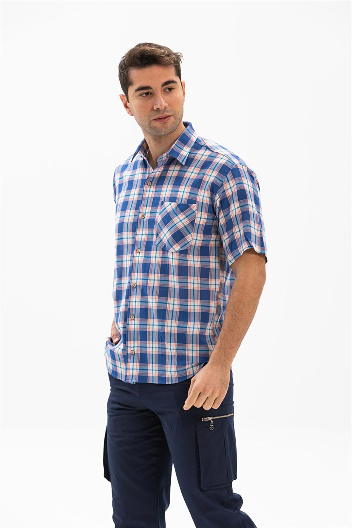 Kısa Kol Şile Bezi Tek Cepli Erkek Gömlek Saks Ekose 3060