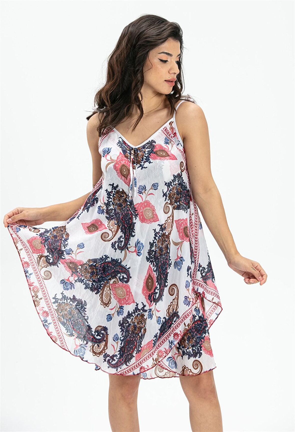 Askılı Vual Afrodit Kısa Elbise Beyaz 6144