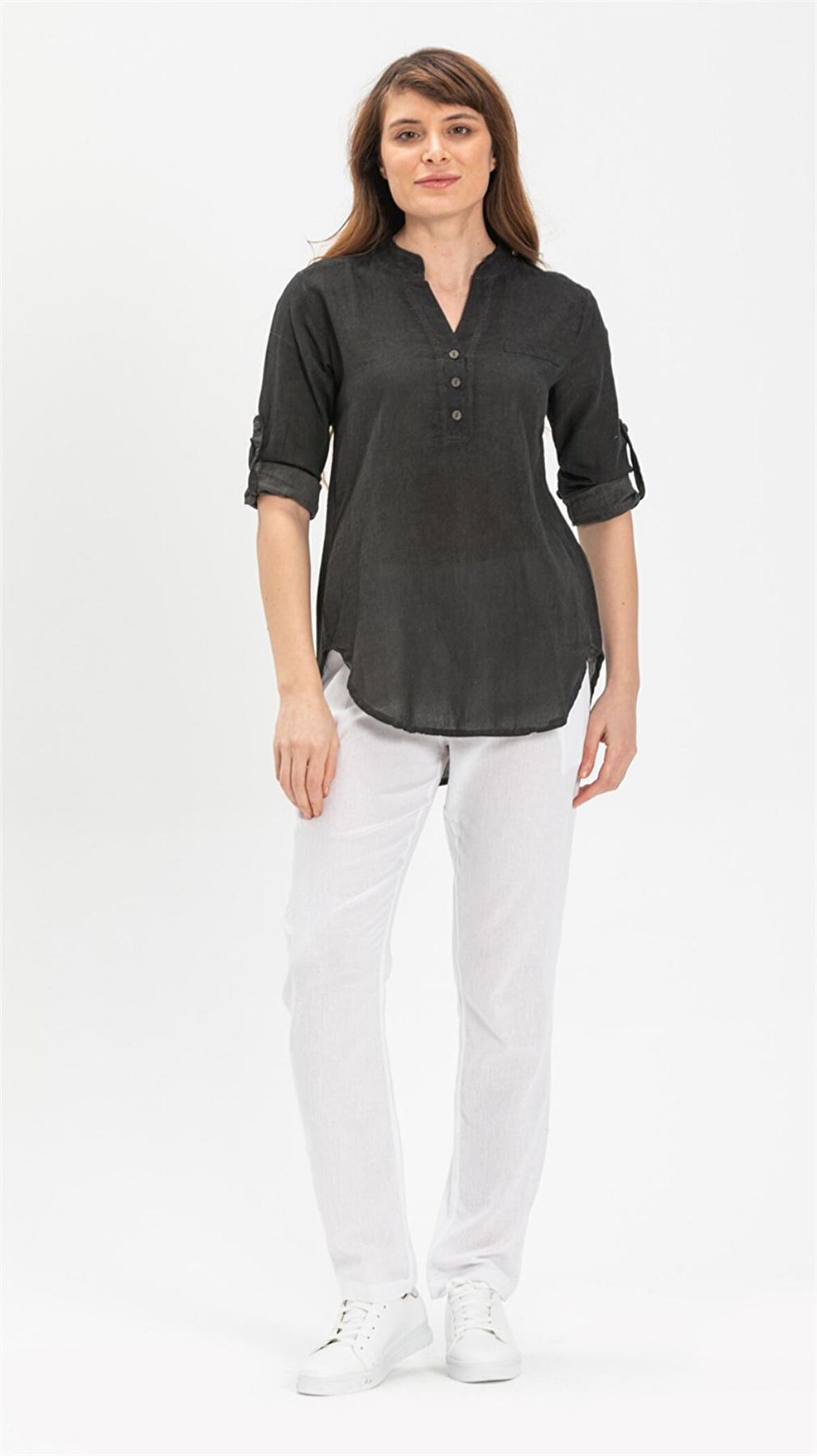 Eliş Şile Bezi Uzun Kol Şile Bezi Akasya Bluz Füme Fm