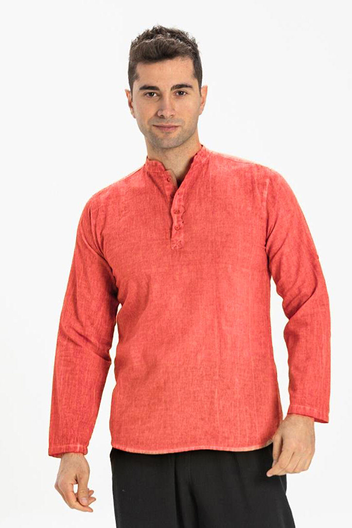 Uzun Kol Şantuklu Pamuk Bodrum Erkek Yazlık Tshirt Mercan Mrcn