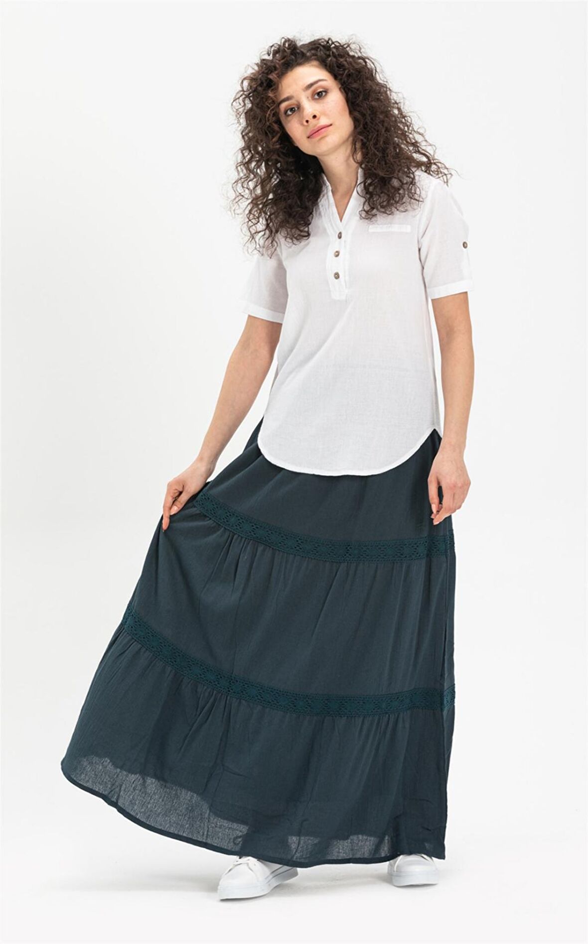 Uzun Şile Bezi Dantelli Etek Petrol Ptrl