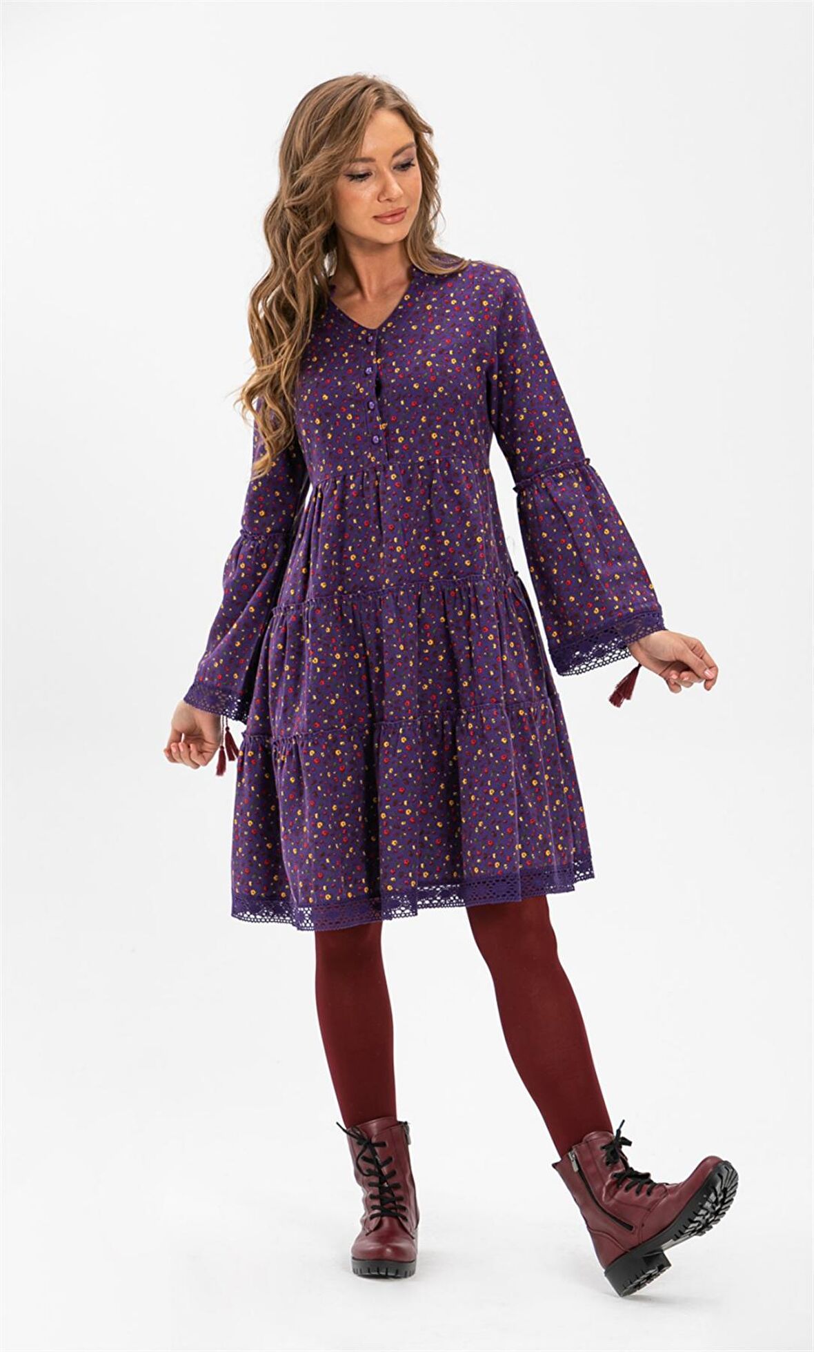 Uzun Kol Pazen Seçil Kısa Elbise Çıtır Desen Mor