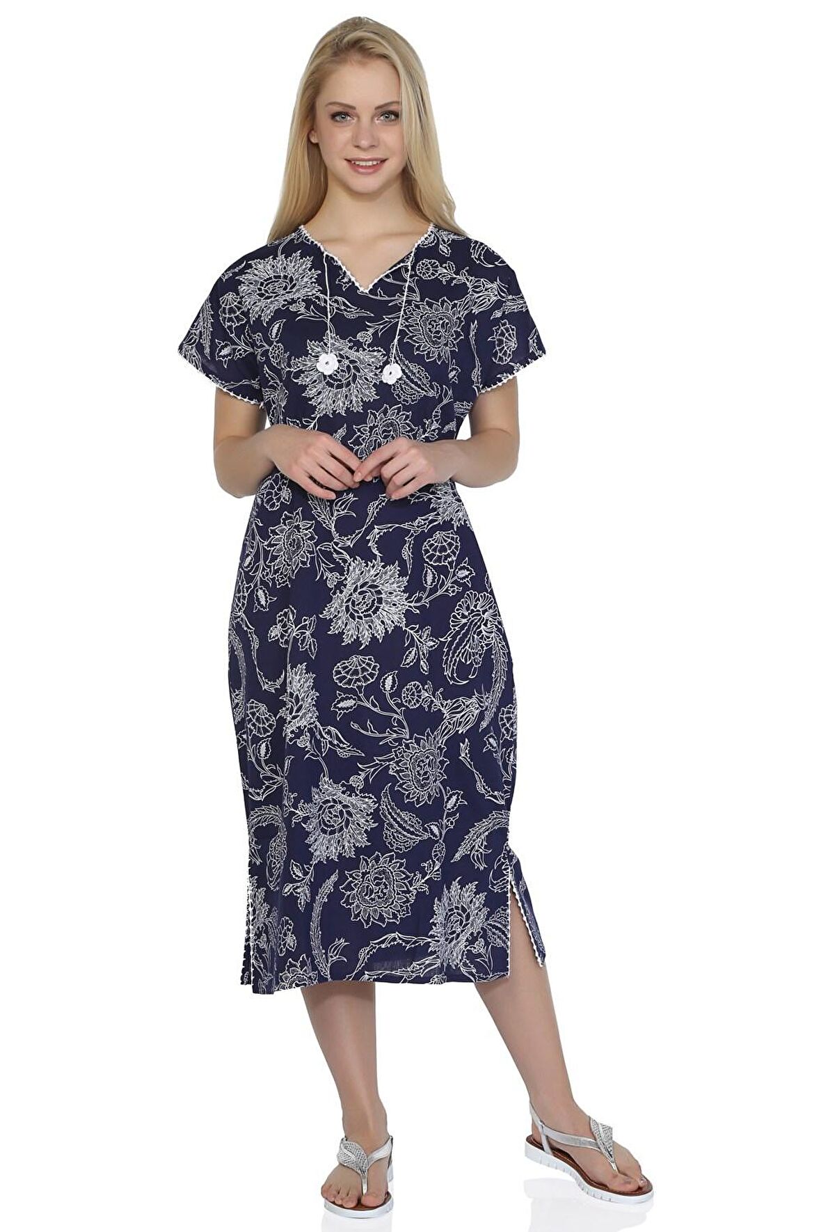 Kısa Kol Şile Bezi Baskılı Midi Boy Elbise Çınar D