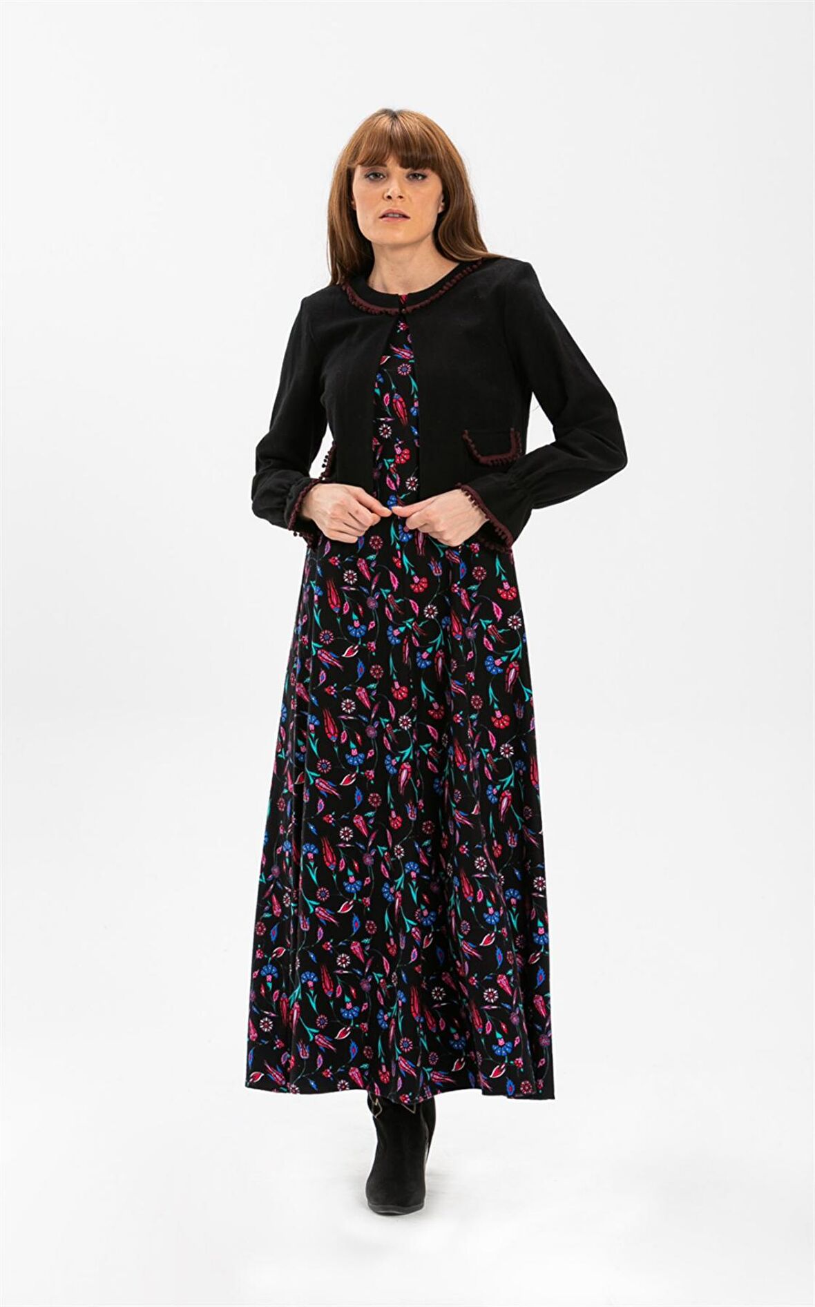 Kolsuz Pazen Selen Uzun Elbise Çini Desen Siyah