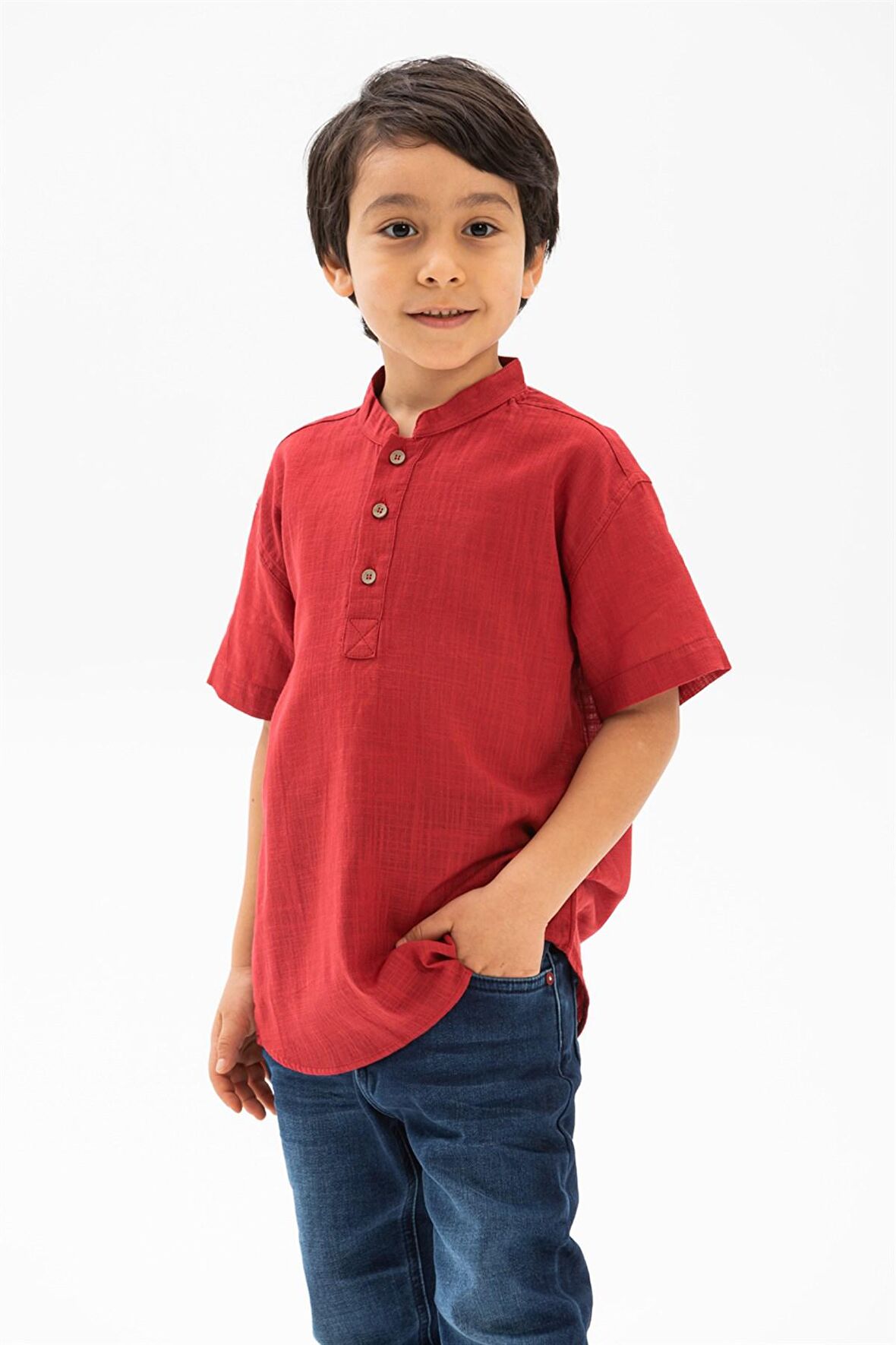 Kısa Kol Şile Bezi Bodrum Erkek Çocuk Tshirt Kırmı