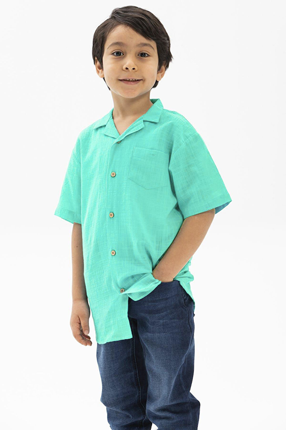Kısa Kol Şile Bezi Tek Cepli Erkek Yazlık Çocuk Gömlek Su Yeşili 3047