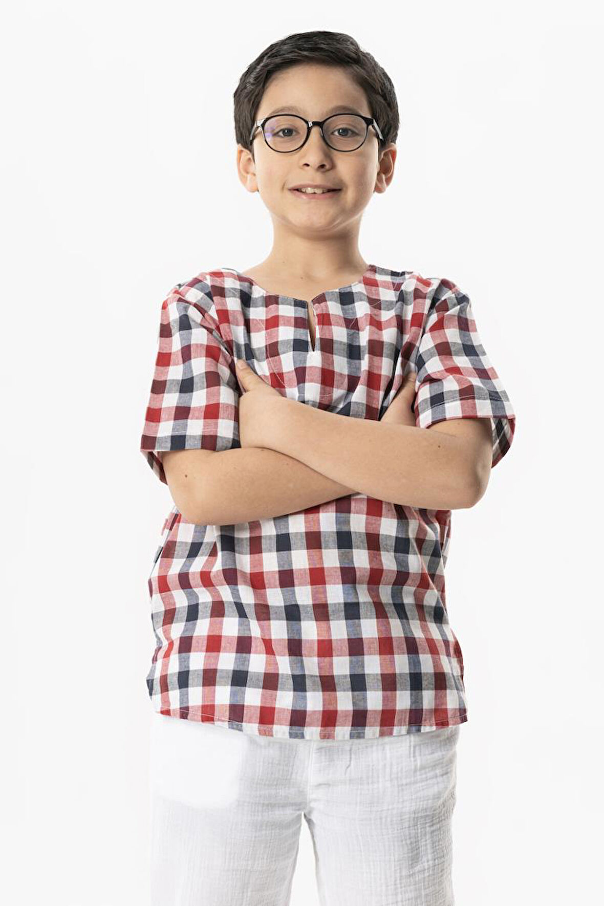 Kısa Kol Şile Bezi Bisiklet Yaka Yazlık Erkek Çocuk Tshirt Kırmızı Lacivert Kareli 3008