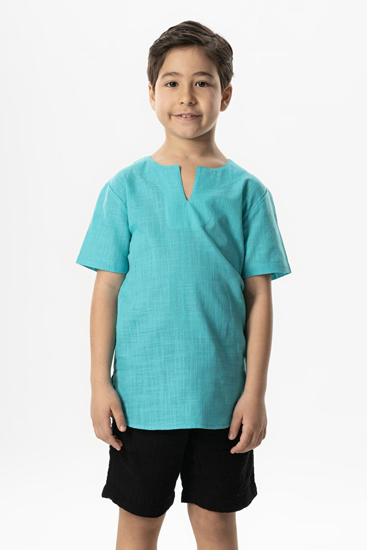 Kısa Kol Şile Bezi Bisiklet Yaka Yazlık Erkek Çocuk Tshirt Açık Turkuaz 3075