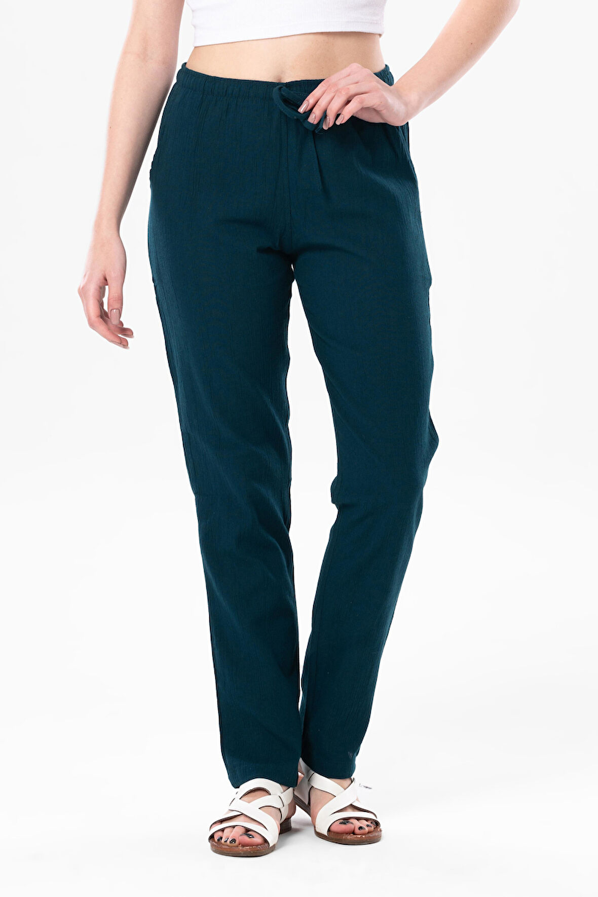 Şile Bezi Cepli Kadın Yazlık Pantolon Petrol Ptrl